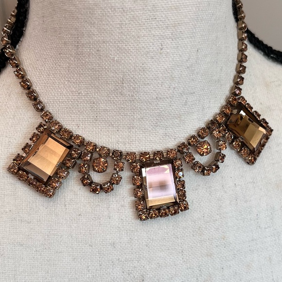 Vintage Necklace Bracelet Set Amber Glass & Rhinestone Rectangular - Picture 14 of 17